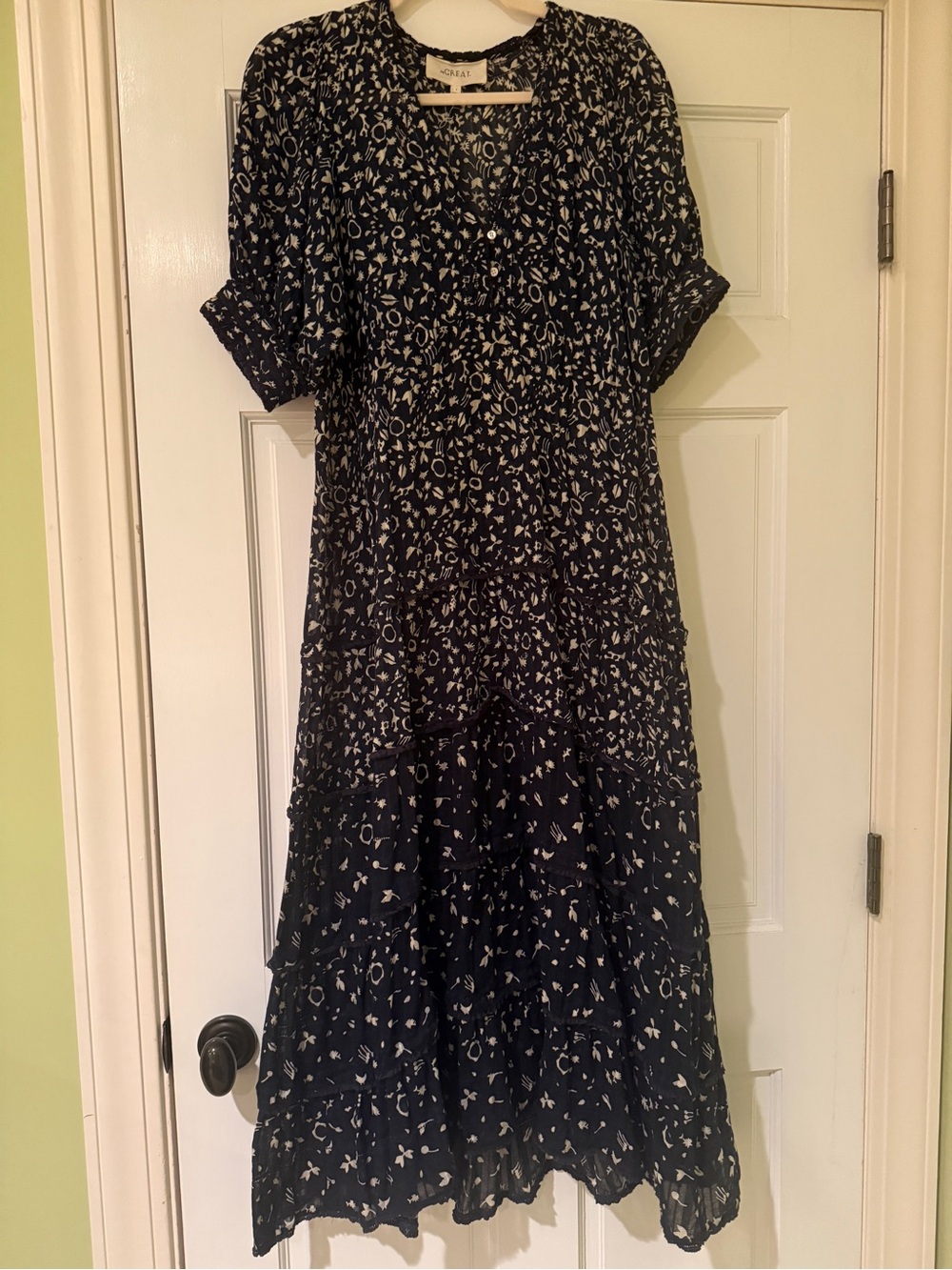 THE GREAT Navy and Cream Floral The Yonder Tiered Maxi Dress Size 1 S